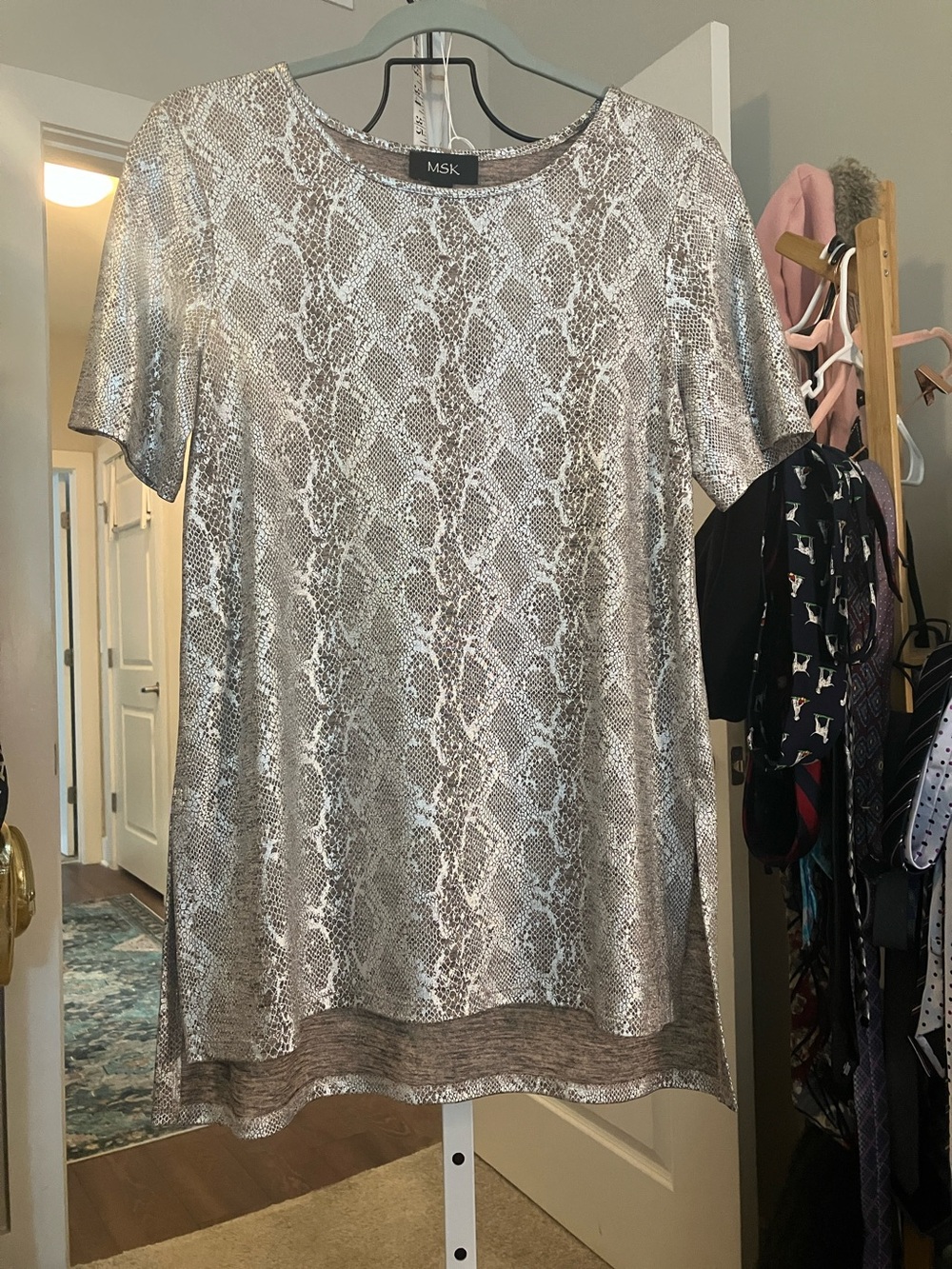 MSK Metallic Silver Snake-Print Short Sleeve Tunic
